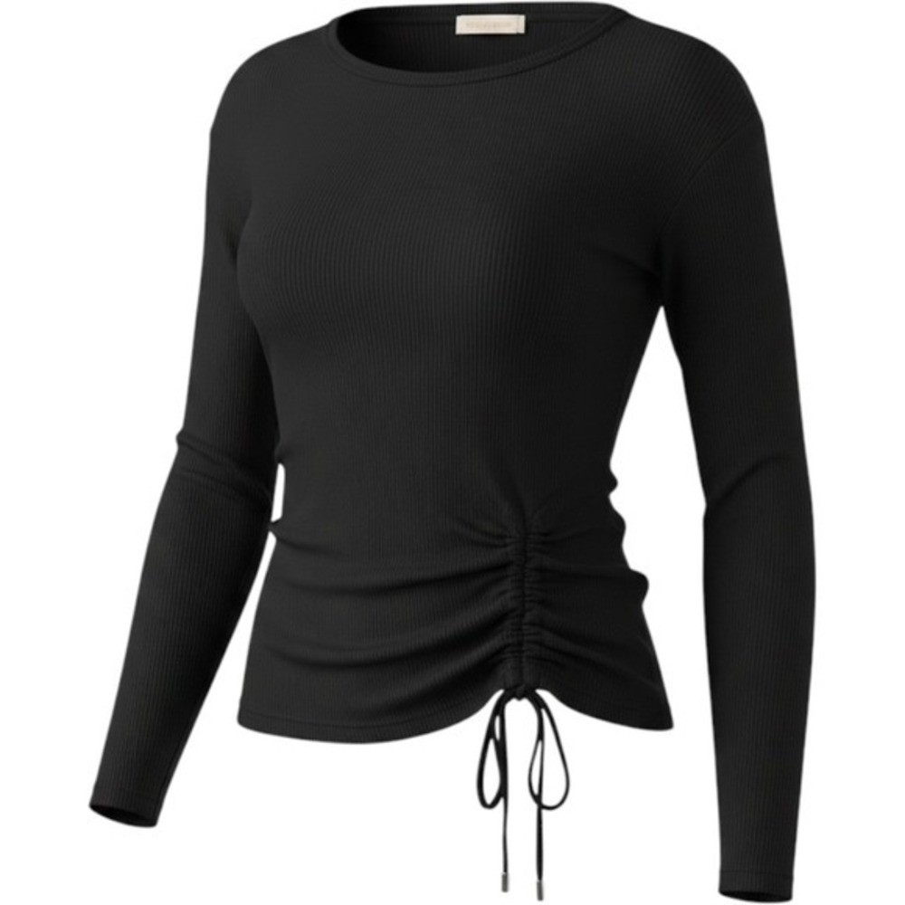 Michael Kors Black Long-Sleeve Side Ruched Top ribbed bow shaping Sz med flatter